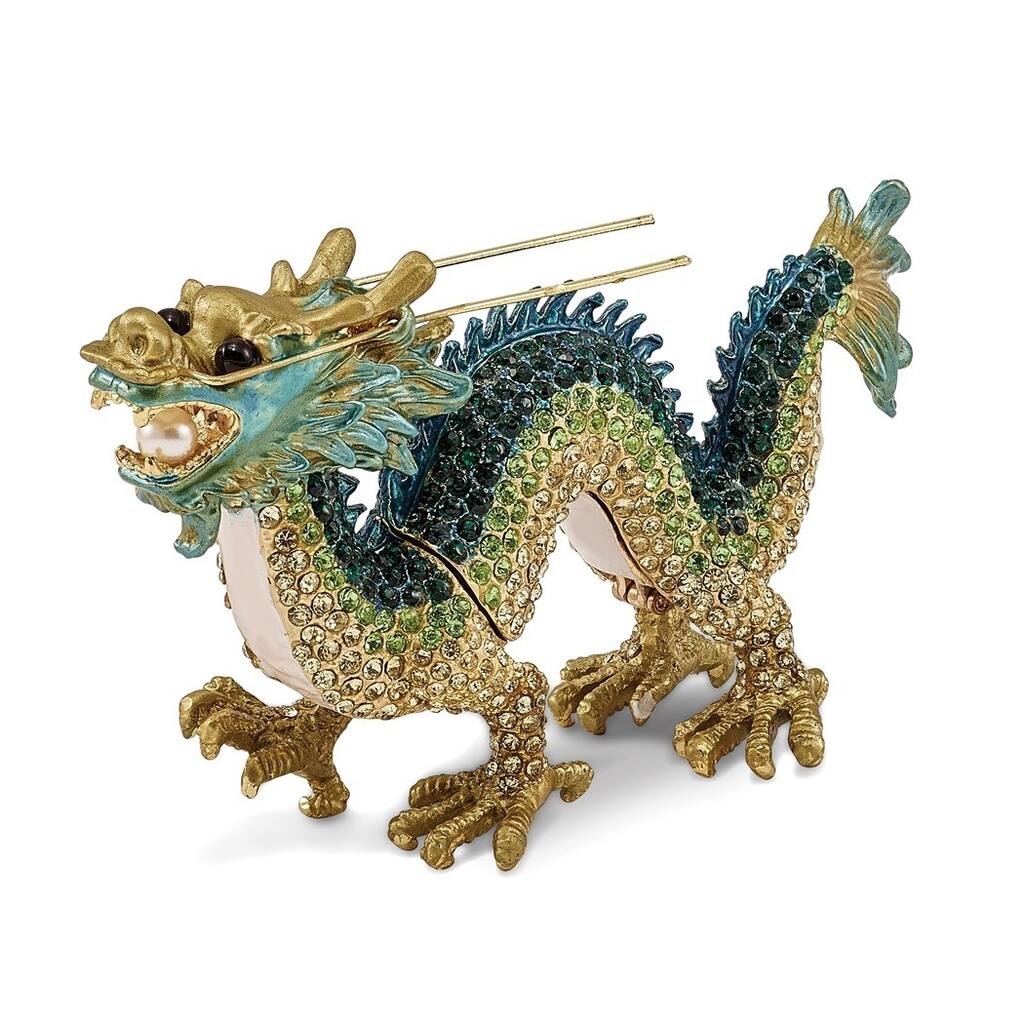 Curata Pewter Bejeweled Crystals Gold-Tone Enameled Chi Chinese Dragon Trinket Box on 18 Inch Necklace
