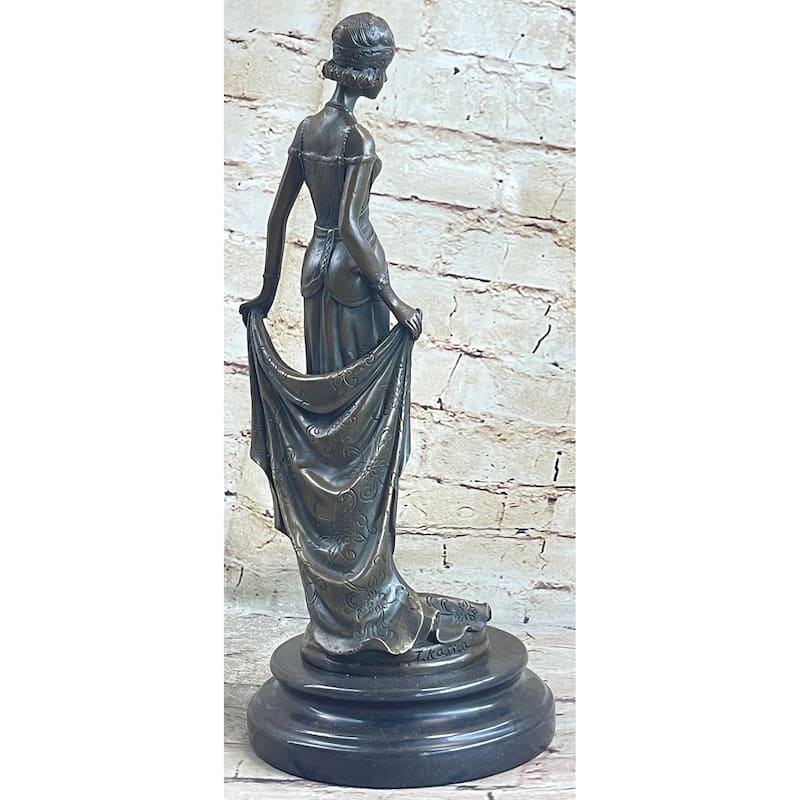 High Society Lady Is Poised And Elegant Dressed Bronze Sculpture Marble Base Fig