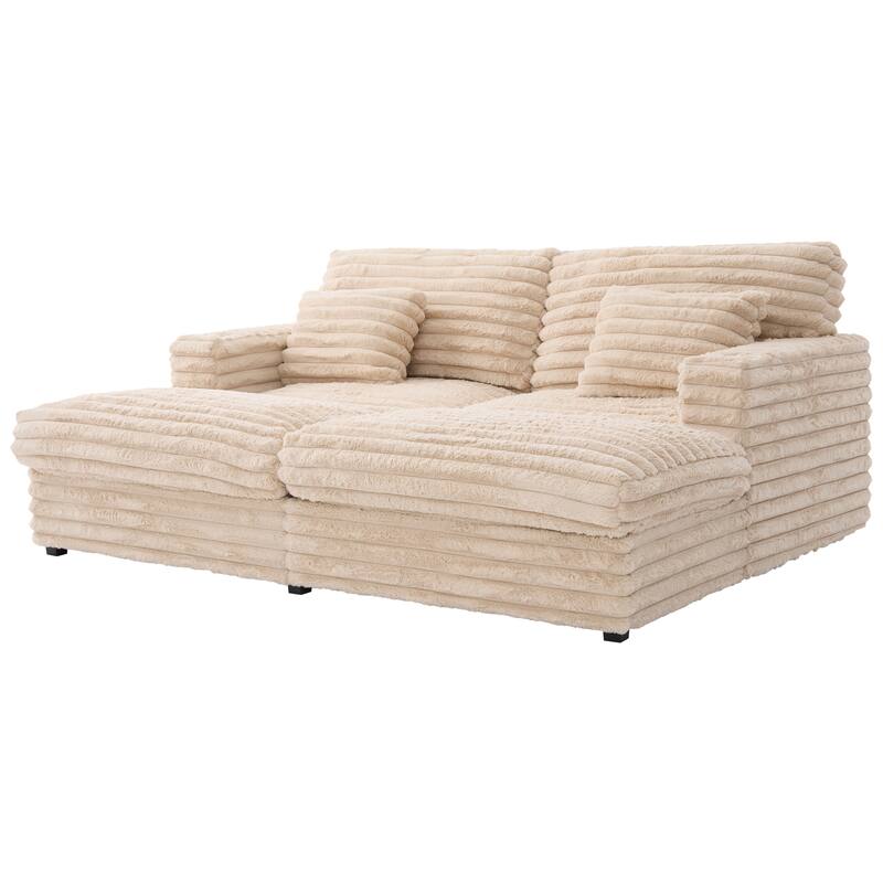 Oversized Double Chaise Lounge Sofa, Living Room 2 Seater Sofa Upholstered Sleeper Sofa Bed Daybed with USB Ports & Cup Holders