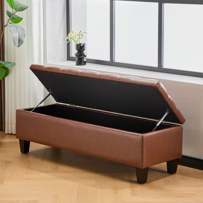 Ottoman Bench with Storage, Beige Boucle Surface, Rubber Wood Legs, 300 lbs Capacity
