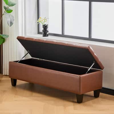 PU Leather Storage Ottoman, Button Tufted Rectangular Bench, End of Bed Bench with Smart Hinges & Rubber Wood Legs