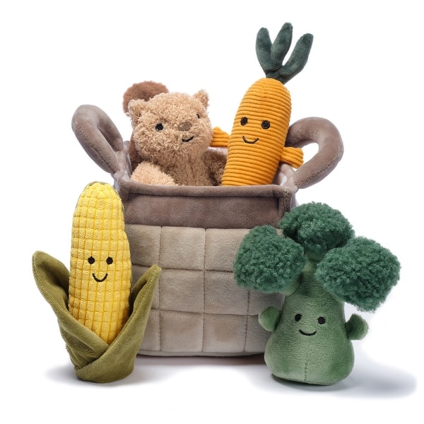 slide 2 of 4, Lambs & Ivy Plush Veggie Basket Play Set with Interactive Stuffed Vegetable Toys