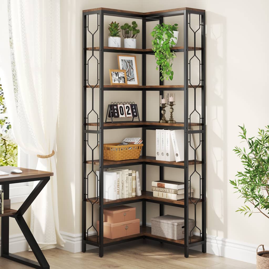 79 Inch Corner Bookshelf, 7-Tier L-shaped Bookcase, Wood and Metal Corner Display Shelf