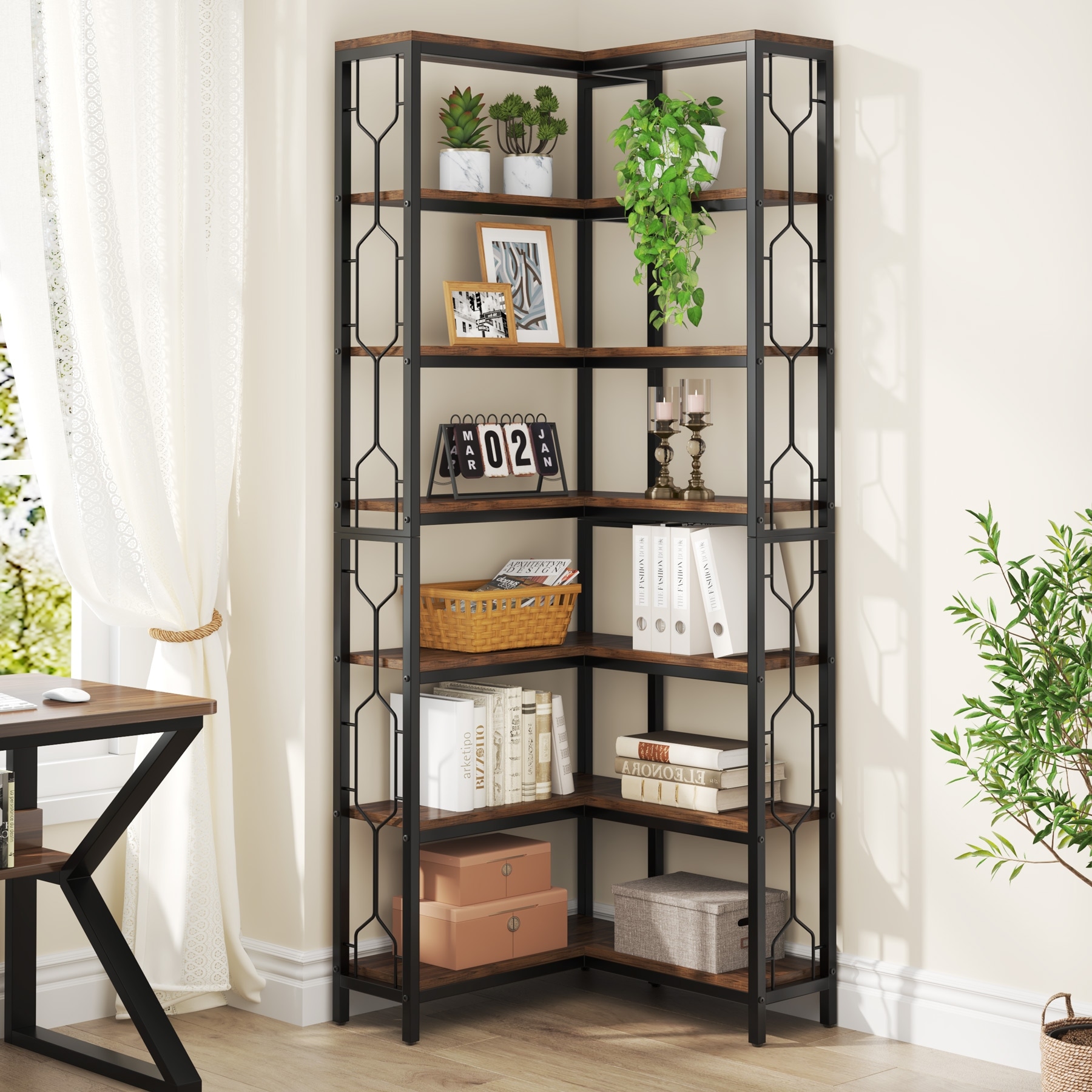 79 Inch Corner Bookshelf, 7-Tier L-shaped Bookcase, Wood and Metal Corner Display Shelf