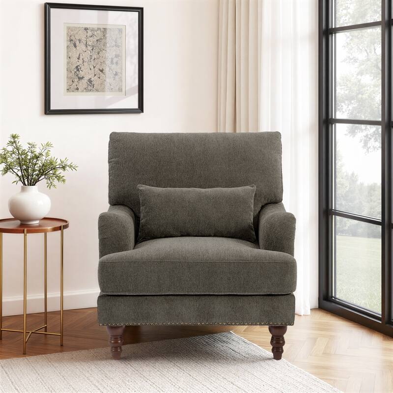 Chenille Accent Chair with Lumbar Pillow Nailhead Living Room