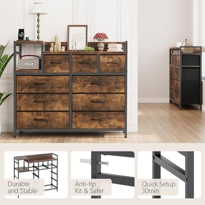 Bedroom Dresser with 9 Drawers Tv Stand with Charging Stand Modern Fabric Chest of Drawers