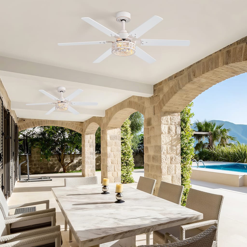 2 Set 46" Distressed White Caged Ceiling Fan with Light and Remote(6-Blade)