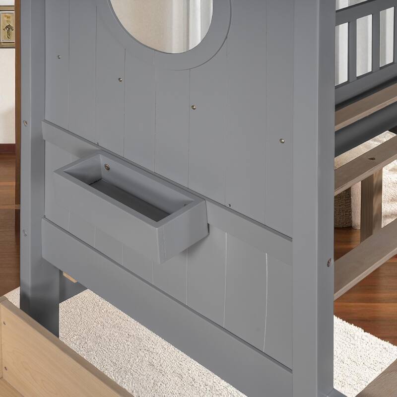 Wooden Twin/Full House Bed with Roof, 2 Storage Drawers & Rear Shelf, Kids Platform Bed with Slats, Gray