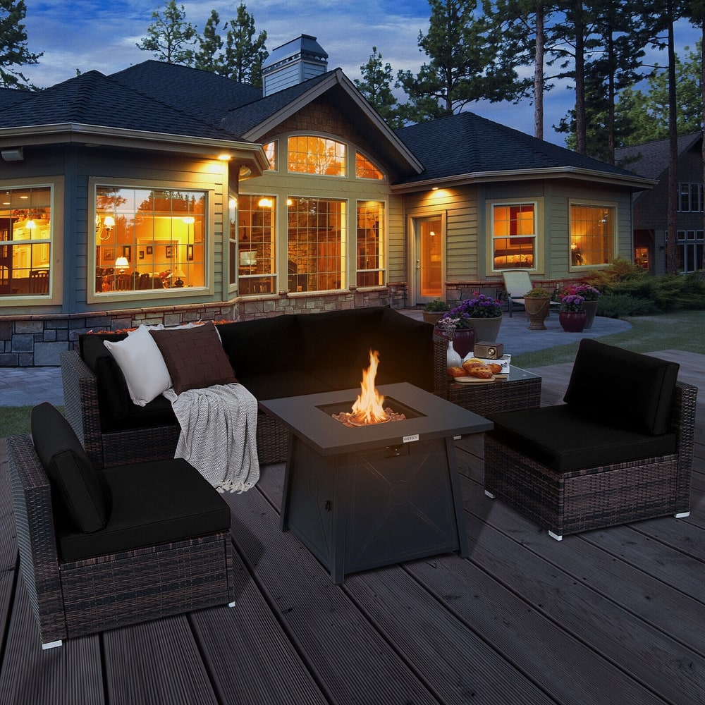 Gymax 7PCS Rattan Patio Sectional Furniture Set w/ 30'' Fire Pit Table