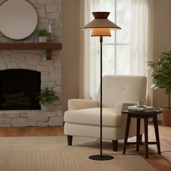 Mid-century Modern Floor Lamp With Fabric Dual Shade, Pull Chain