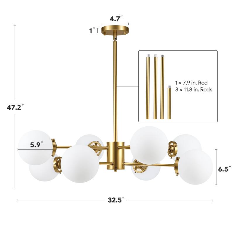 CO-Z Dimmable Modern Linear Sputnik Pendant Chandelier with Frosted Glass Globe Shades (6/8/12 - Light)