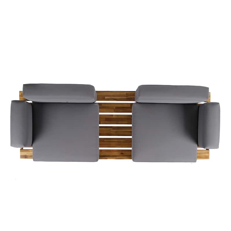 Outdoor 2 Seater Sofa, Attached Center Slatted Table, Black Iron Legs