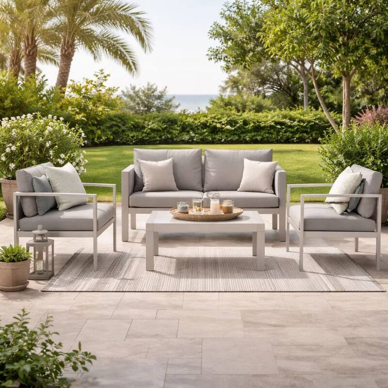 Kili 4 Piece Outdoor Sofa, Chairs and Table Set, Sleek Silver Aluminum