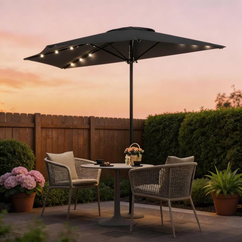 9ft Outdoor Patio Half Umbrella, with Solar LED Lights and Smooth Crank Lift