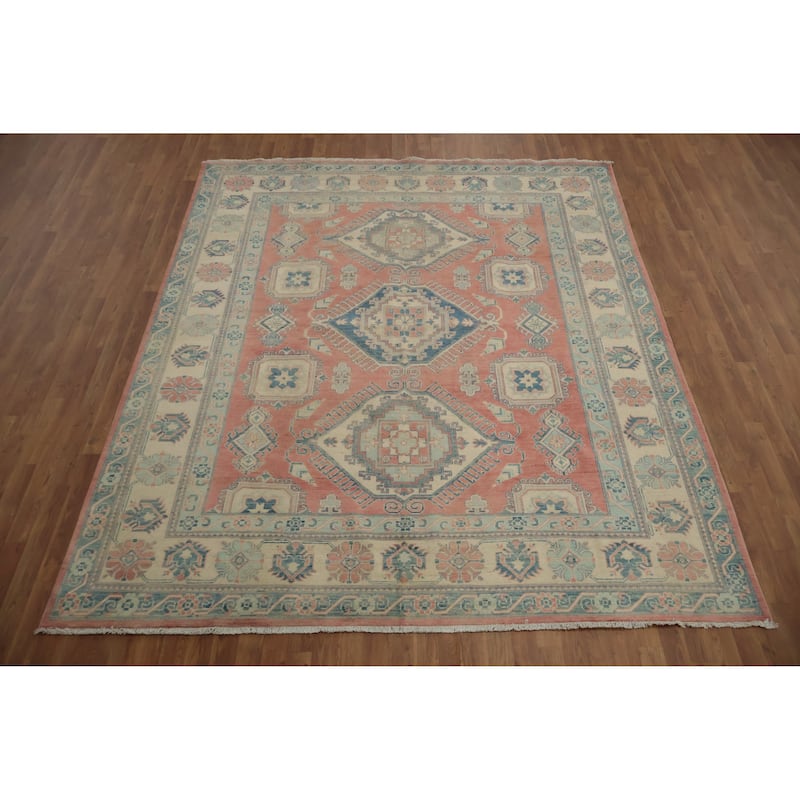 Hand Knotted Oriental 100% Wool Carpet Traditional Geometric Coral Kazak Area Rug - 9' 7'' X 8' 3''