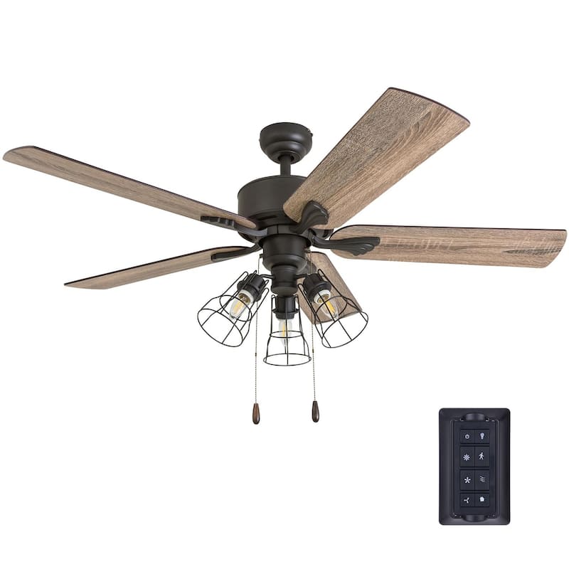 The Gray Barn Hodeken Farmhouse 52-inch Aged Bronze LED Ceiling Fan in Cage Industrial 3-light in 3 Speed Remote - Bronze - Hardwired