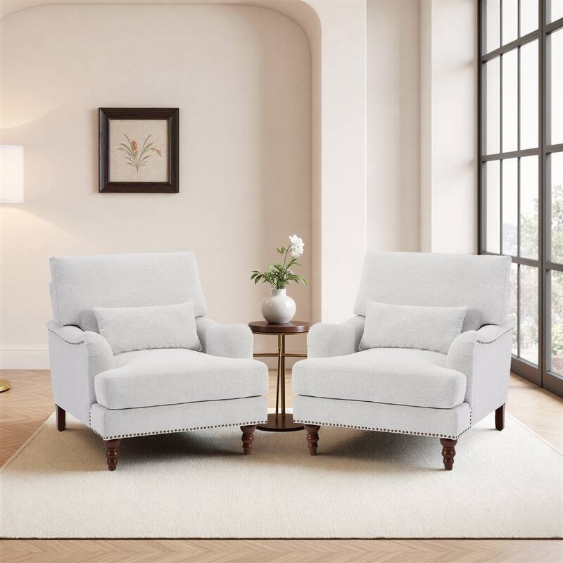 Chenille Accent Chairs with Lumbar Pillows Nailhead (Set of 2) - Beige