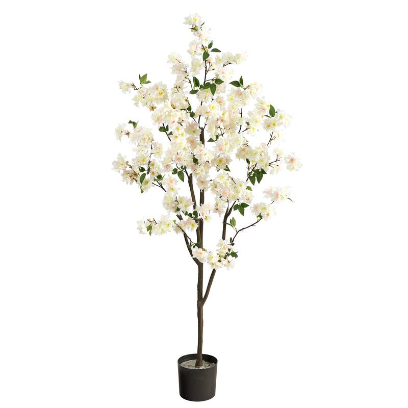 Artificial Cherry Blossom Tree 6ft Pink Flowers Slim Trunk Indoor Decor Home Office Living Room - Green - 61 Inches and Over