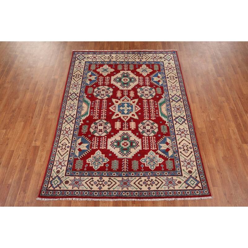 Red Kazak Oriental Area Rug Handmade Traditional Wool Carpet - 5'1" x 6'11"