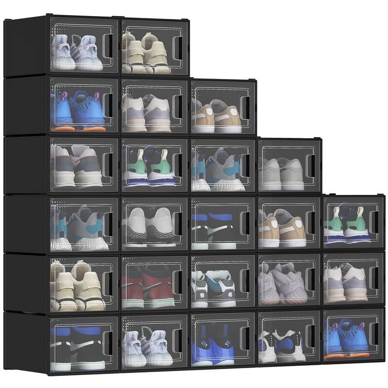 XL Shoe Storage Box Set of 12 Shoe Storage Organizers Stackable Shoe Storage Box Rack Containers Drawers - 24Pcs - Black
