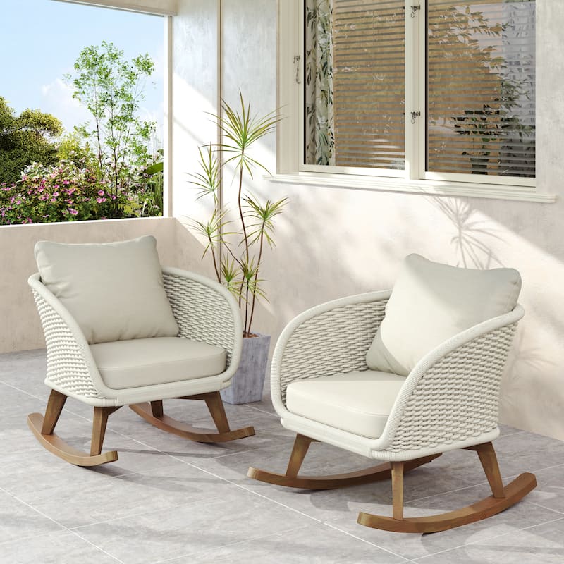 [Set of 2] 29.5" Contemporary Minimalist Beige Wicker Rocking Chair with Soft Polyester Cushions and Durable Wooden Frame
