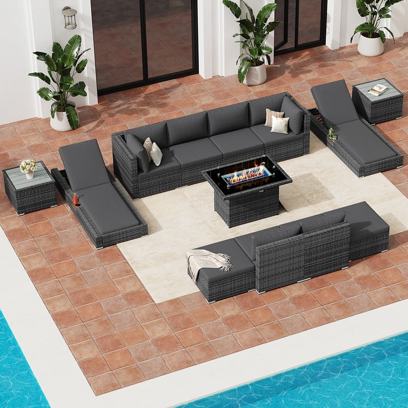 FINCATI 13-Piece Wicker Sectional Patio Conversation Set with 43" CSA Fire Pit, High-Back Deep Seating, Lounge Chaise, Dual Fuel
