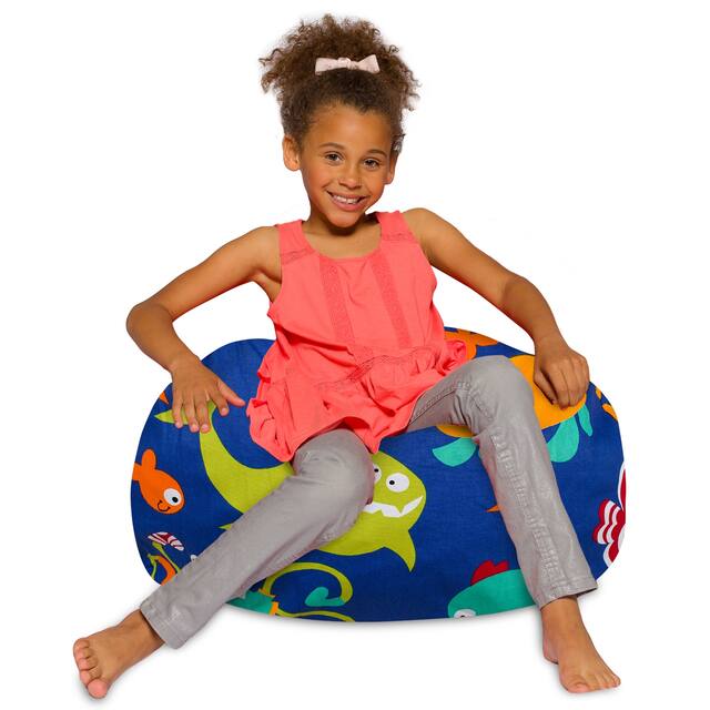 Kids Bean Bag Chair, Big Comfy Chair - Machine Washable Cover - 27 Inch Medium - Canvas Sea Creatures on Blue