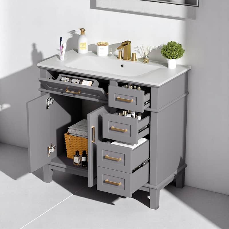 36" Modern Bathroom Vanity with Ceramic Sink, 4 Drawers, 2 Doors, Soft Close, Solid Wood Frame, Freestanding Design