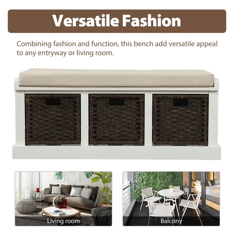 Rustic Storage Bench with 3 Removable Classic Rattan Basket