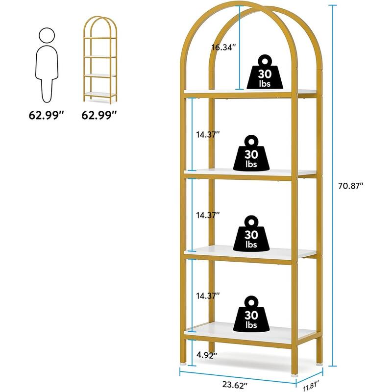 4-Tier Arched Bookshelf 70.8", Storage Shelves, Metal Frame