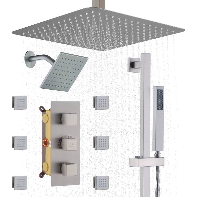 CASAINC Dual Heads High Pressure 16 Inch 4 Function Shower Head Shower System with Sliding Rod Handheld Shower and 6 Body Jet