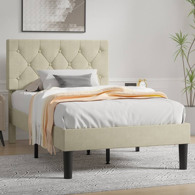 VECELO Tufted Upholstered Linen Bed Platform Bed Frame with Upholstered Headboard, Button Tufted Design