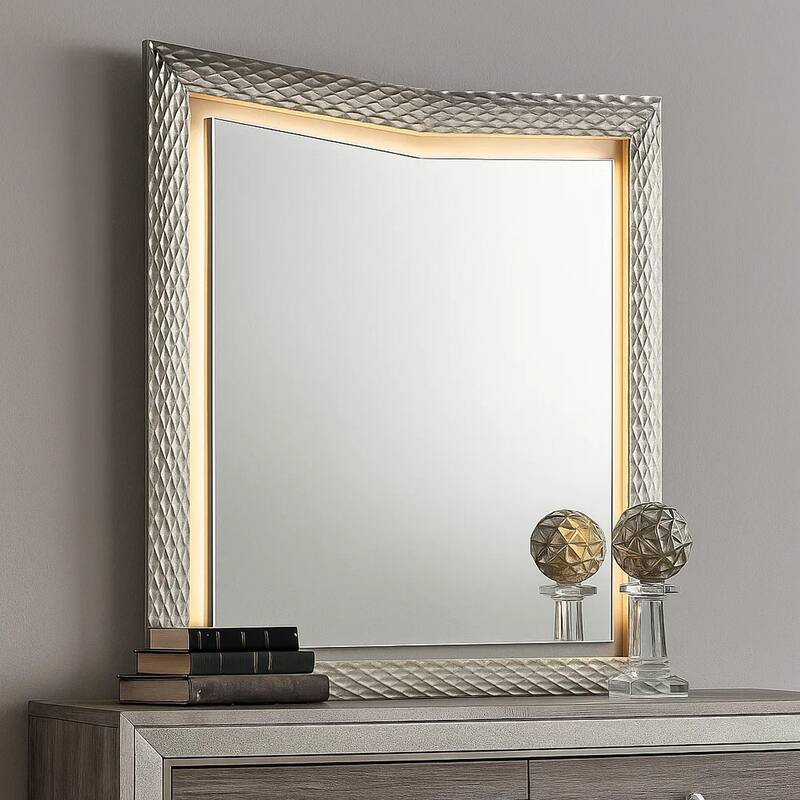 Vino 41 x 44 Dresser Mirror w LED, Glam Gray Wood, Silver Trim - Gray, Nickel