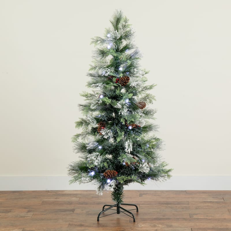 5ft. Flocked Pre-Lit Fiber Optic Artificial Pinecone and Berries Christmas Tree with 48 White LED Lights - Sparkling X-Mas Tree