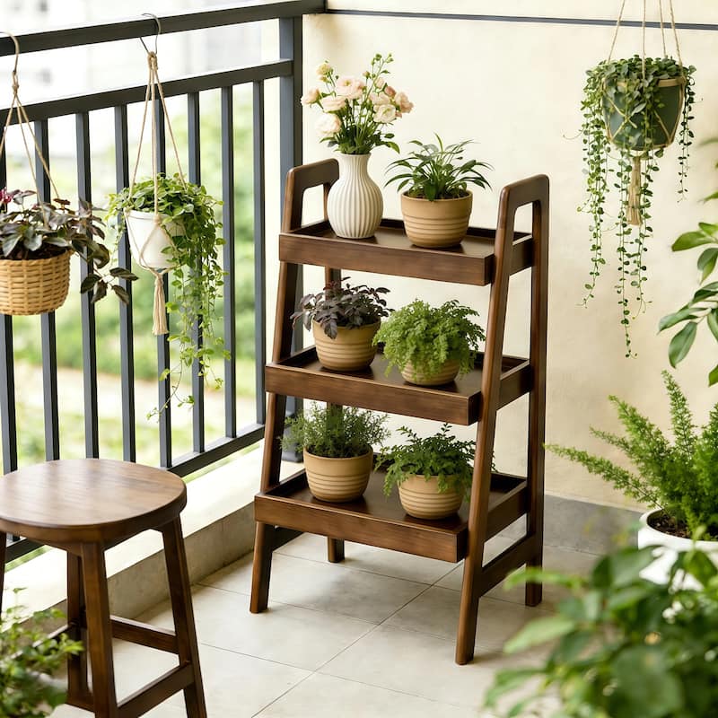 100% Solid Wood Ladder Shelf, 3 Tier Small Ladder Bookshelf, Freestanding Ladder Shelf with Open Storage