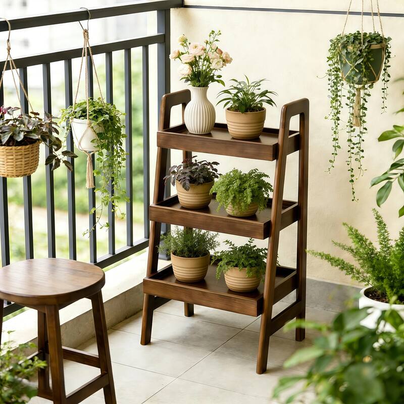 Anmytek Solid Wood 3 Tier Ladder Shelf Walnut Freestanding Open Storage Bookshelf and Display Rack for Home Office Space Saving