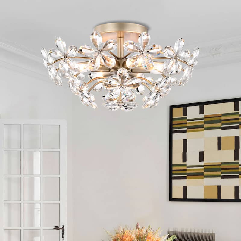 Rosa 6-Light Brushed Silver-ish Champagne Flower Crystal Flush Mount - 17.7 inches in diameter x 8.7 inches H
