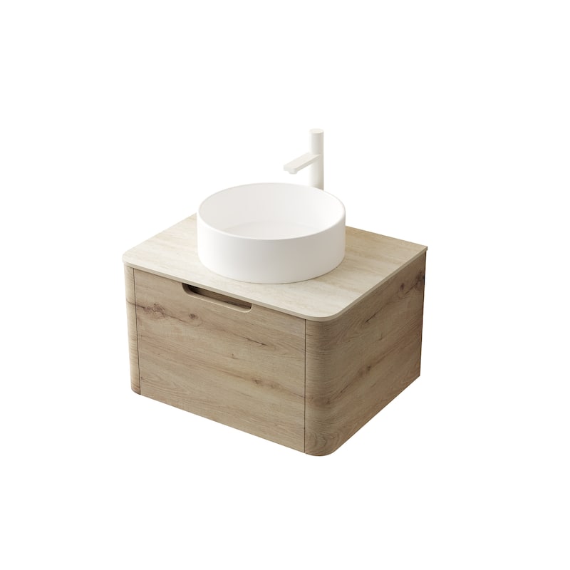 Floating Bathroom Vanity with Round Sink, Wall-Mounted Bathroom Storage Cabinet with Roma Travertine-Pattern Sintered Stone Top