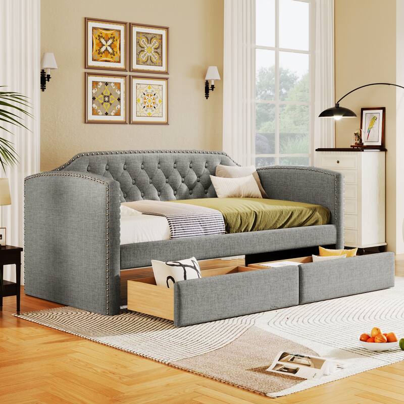 Twin Size Upholstered Daybed with Drawers for Guest Room, Small Bedroom