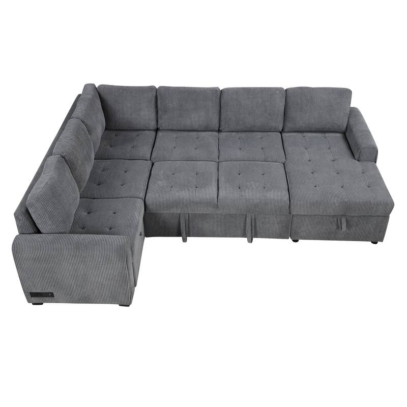 Convertible Sectional Sleeper Sofa with Pull Out Bed, Storage Chaise & Charging Devices, Oversized Corduroy U-Shaped Cloud Sofa