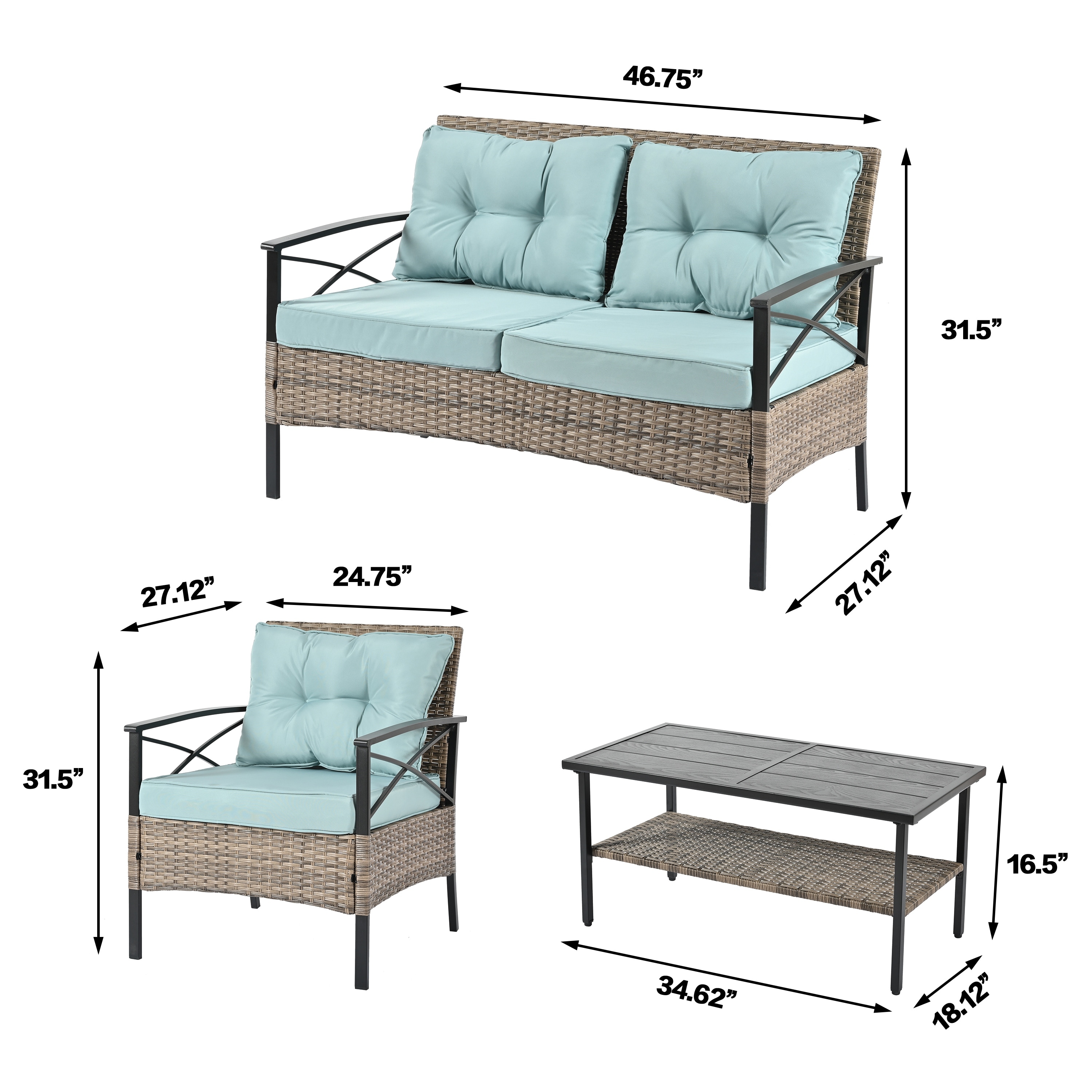 4 piece PE Wicker Seasonal Sofa Set with Metal Table for Patio Conversation Set, Outdoor Dining Table Set with Polyester Cushion