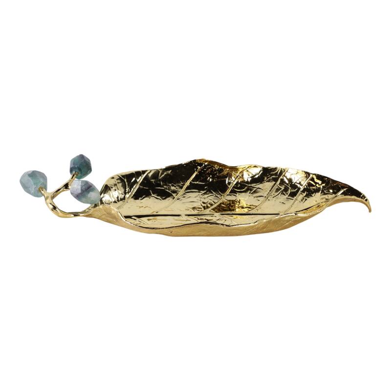 Metal Leaf Sculpture with Gemstone Detail Modern Accent - 14" Gold - 13.5" x 5.25" x 1.5"