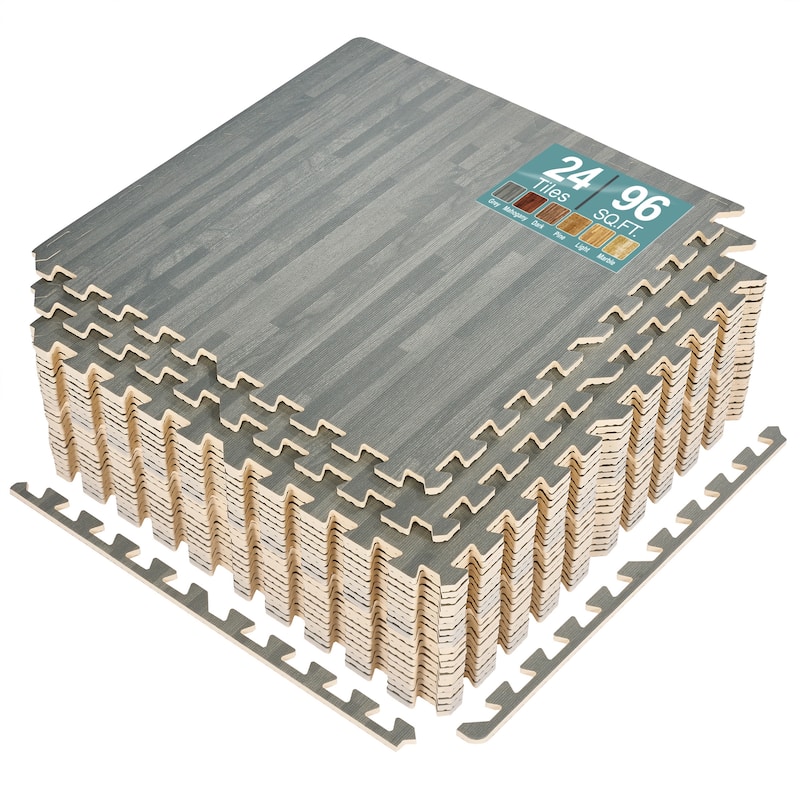 Sorbus Wood grain floor foam mat for home and office - Set of 24 - Grey