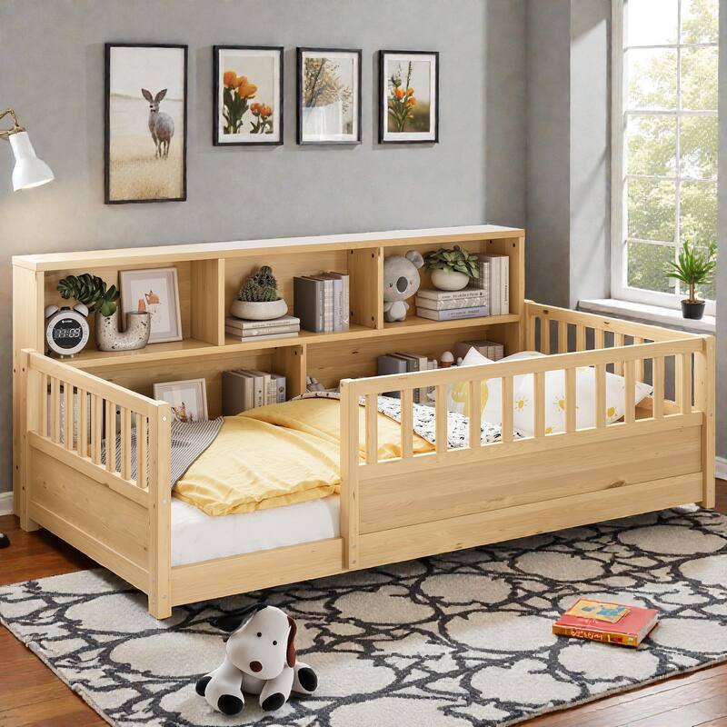 Wooden Floor Bed with Fence Guardrails, Montessori Style Kids Bed Frame with Side Storage Design
