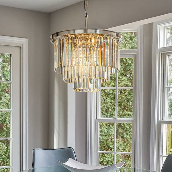 slide 2 of 8, 6-Lights Modern 3-Tier Round Fringe Crystal Chandelier - W 20" Satin Nickel