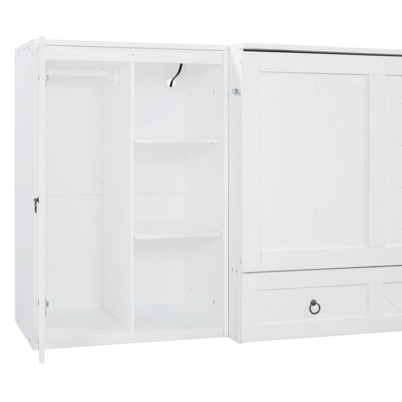 Queen Size Solid Wood Murphy Bed with Charging Station, Built-In Wardrobes, Drawers, and Foldable Cabinet Design