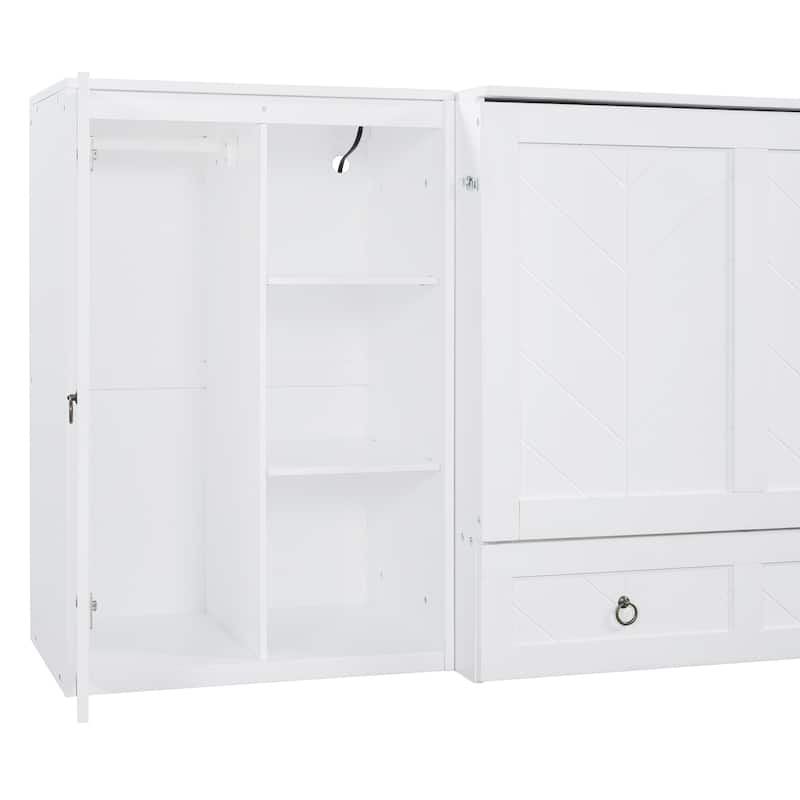Queen Size Wood Hidden Murphy Bed with Storage Wardrobes and Drawer, Foldable Wall Bed with USB Charging Station & Dual Cabinet聽