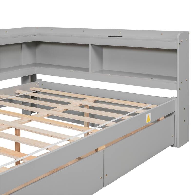 Full Size L-shaped Bookcases Bed with Power Outlets, USB Charging Ports