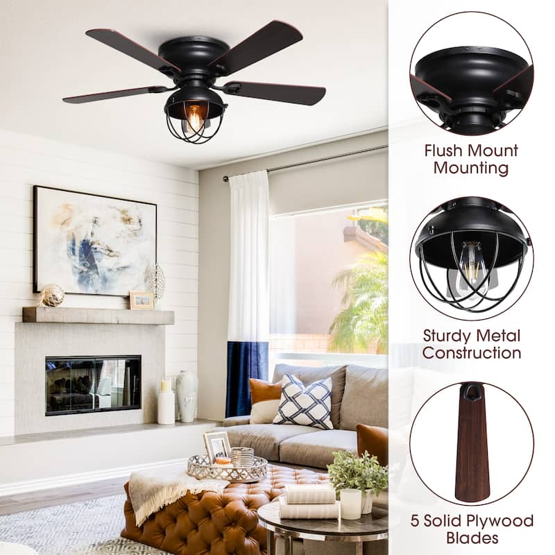 42-inch Wood 5-Blade Matte Black Flush Mount Ceiling Fan with Remote