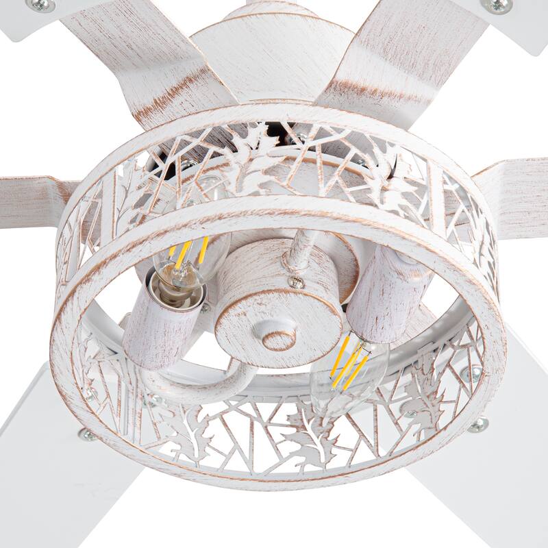 2 Set 46" Distressed White Caged Ceiling Fan with Light and Remote(6-Blade)